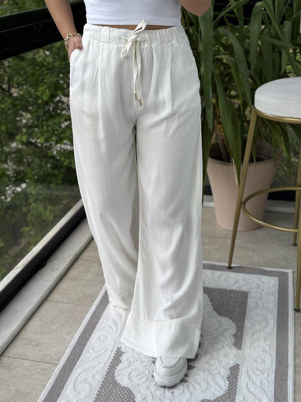 Paça Detaylı Lastikli Tensel Pantolon Ekru