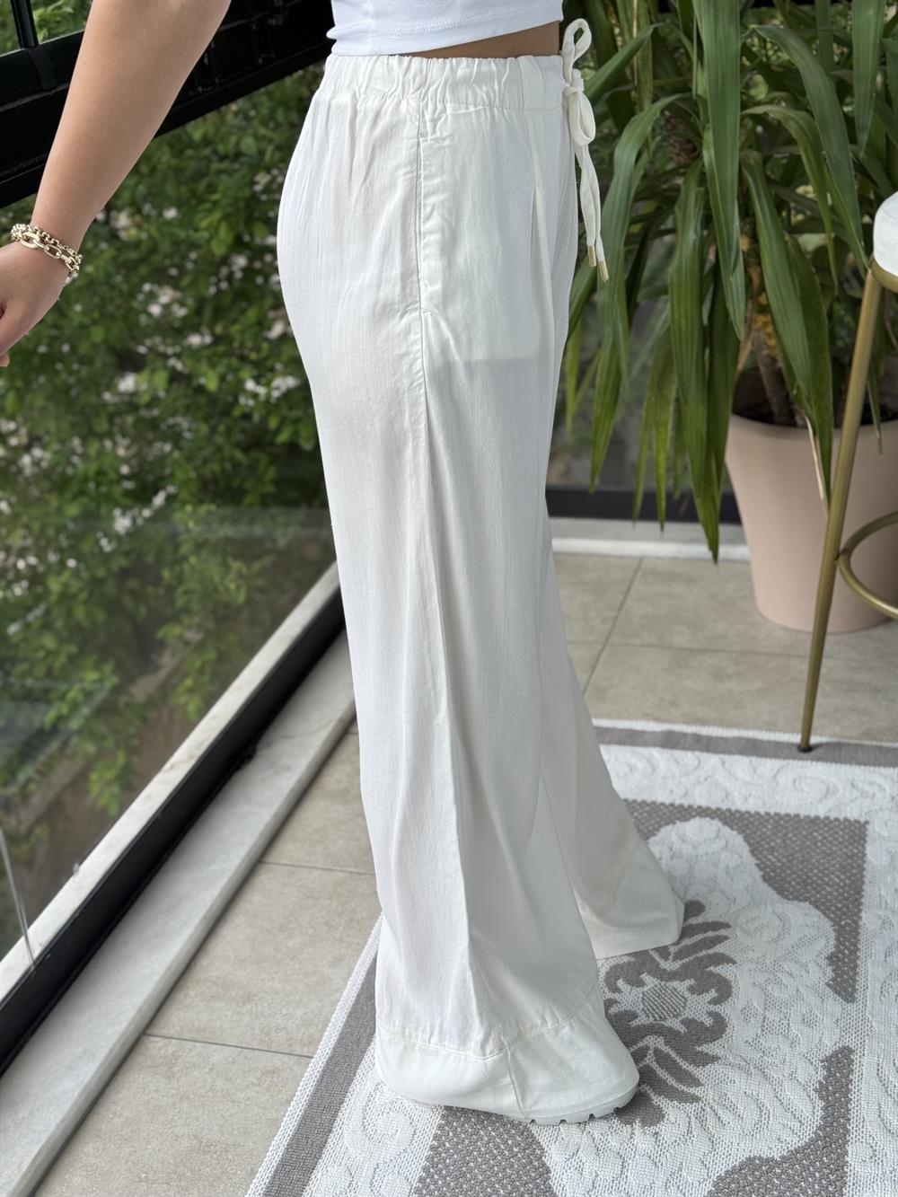 Paça Detaylı Lastikli Tensel Pantolon Ekru