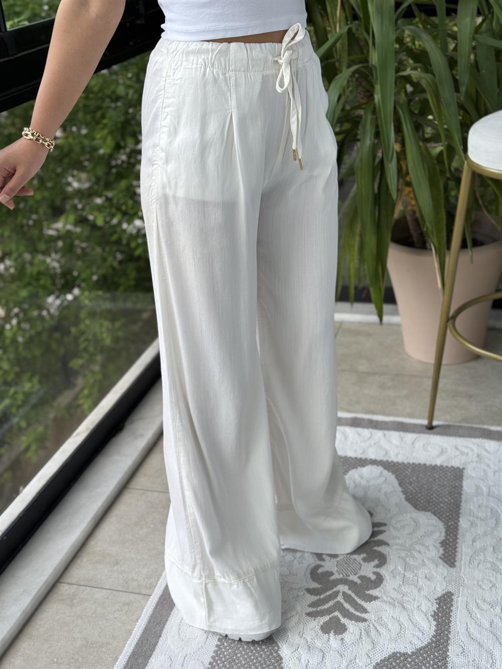 Paça Detaylı Lastikli Tensel Pantolon Ekru