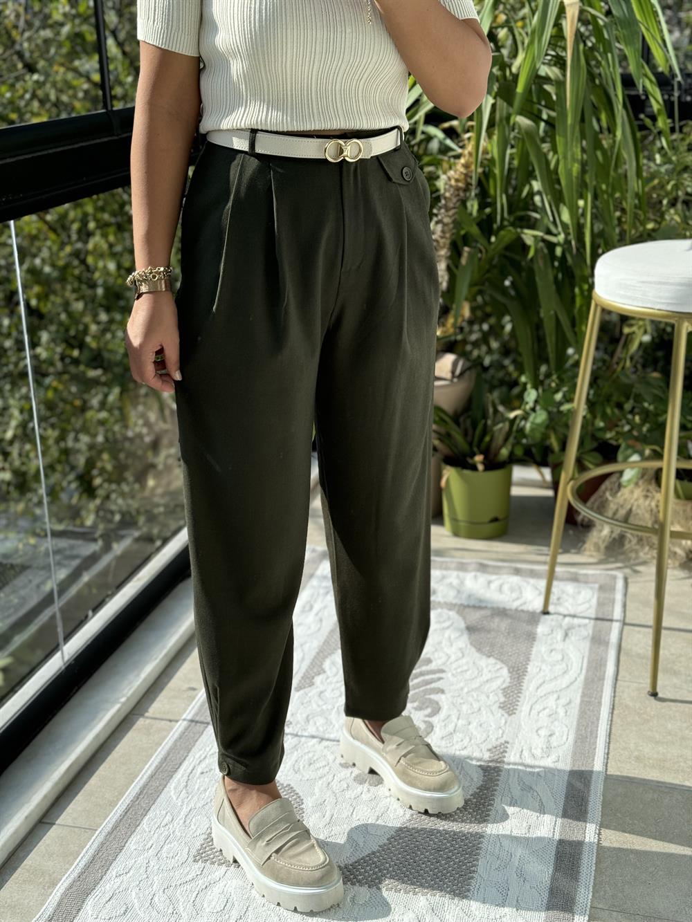 Paçası Düğmeli Pantolon Haki Yeşili