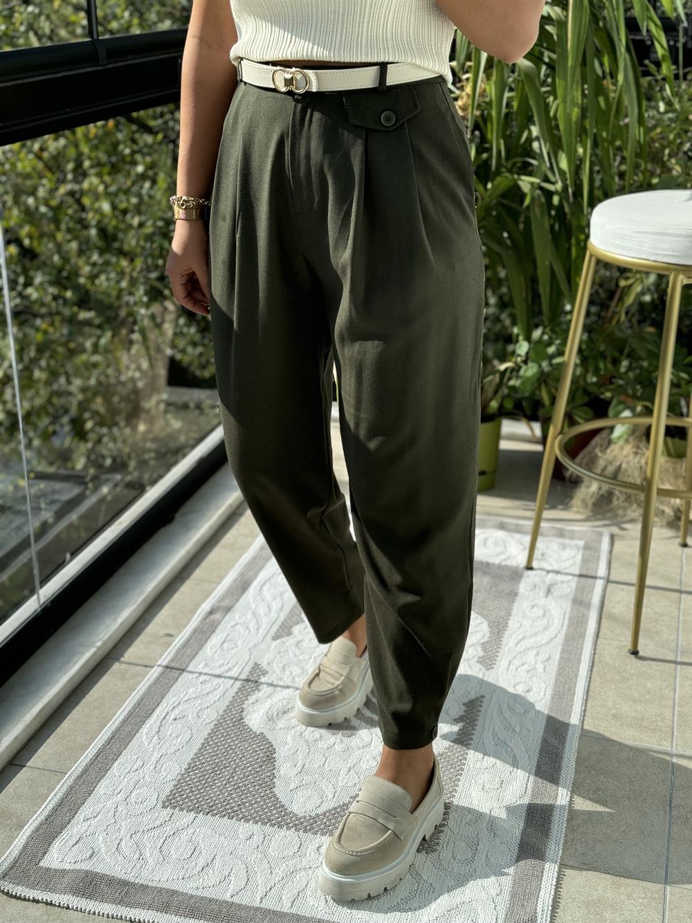 Paçası Düğmeli Pantolon Haki Yeşili