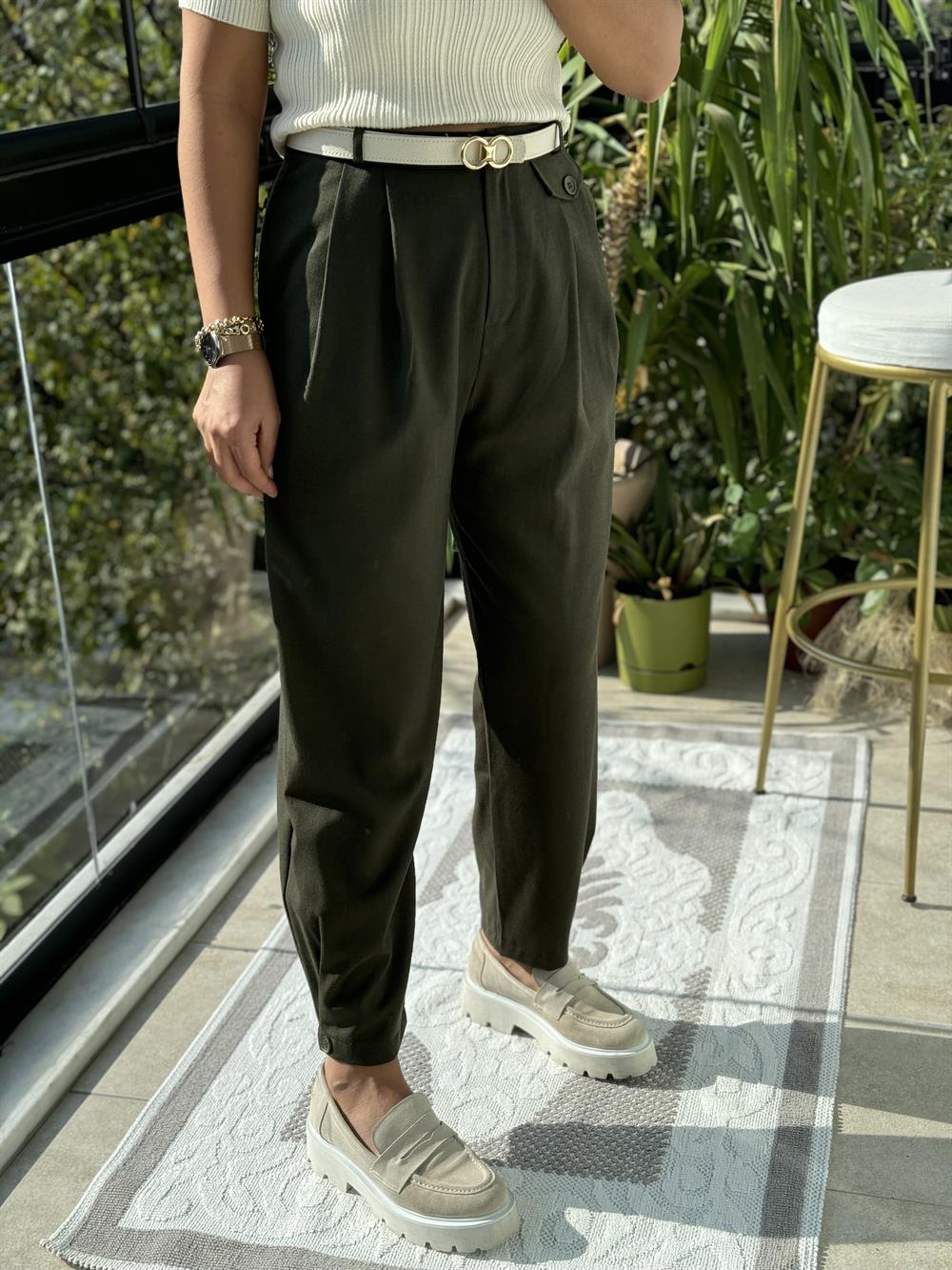 Paçası Düğmeli Pantolon Haki Yeşili