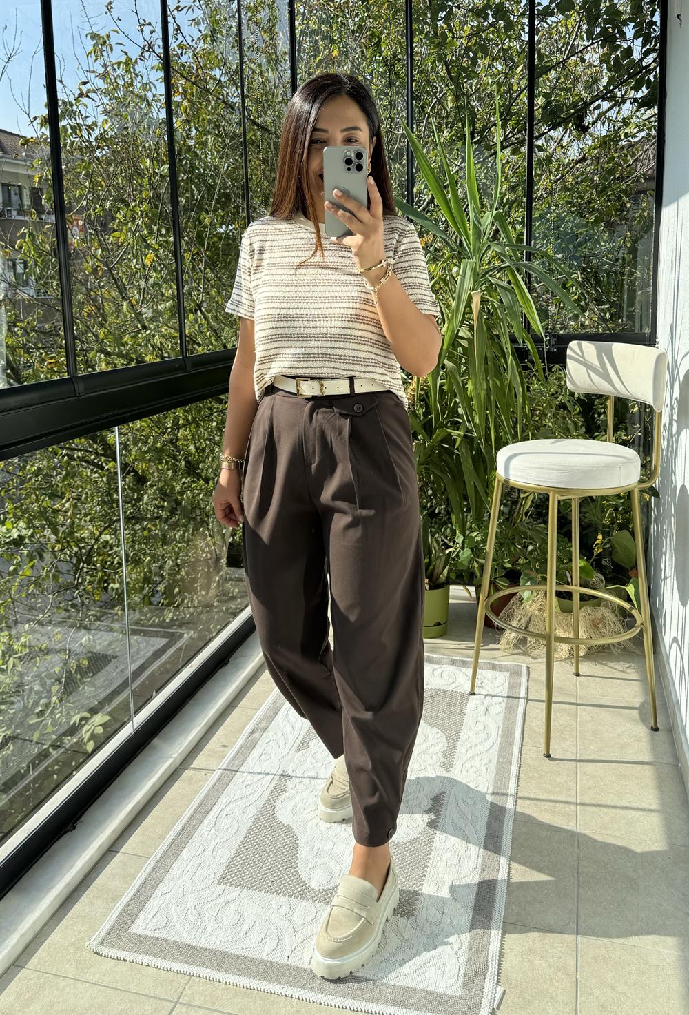 Paçası Düğmeli Pantolon Kahve