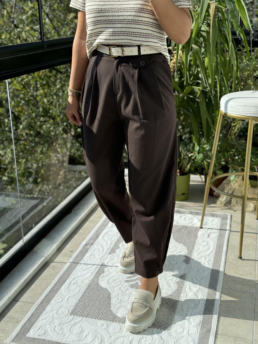 Paçası Düğmeli Pantolon Kahve