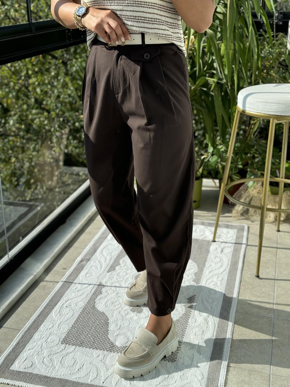 Paçası Düğmeli Pantolon Kahve