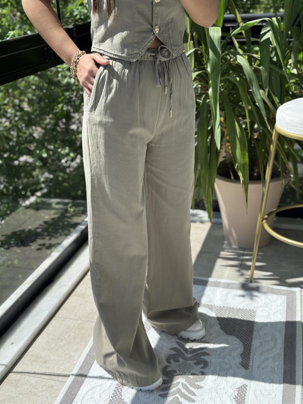 Palazzo Keten Pantolon Haki Yeşili