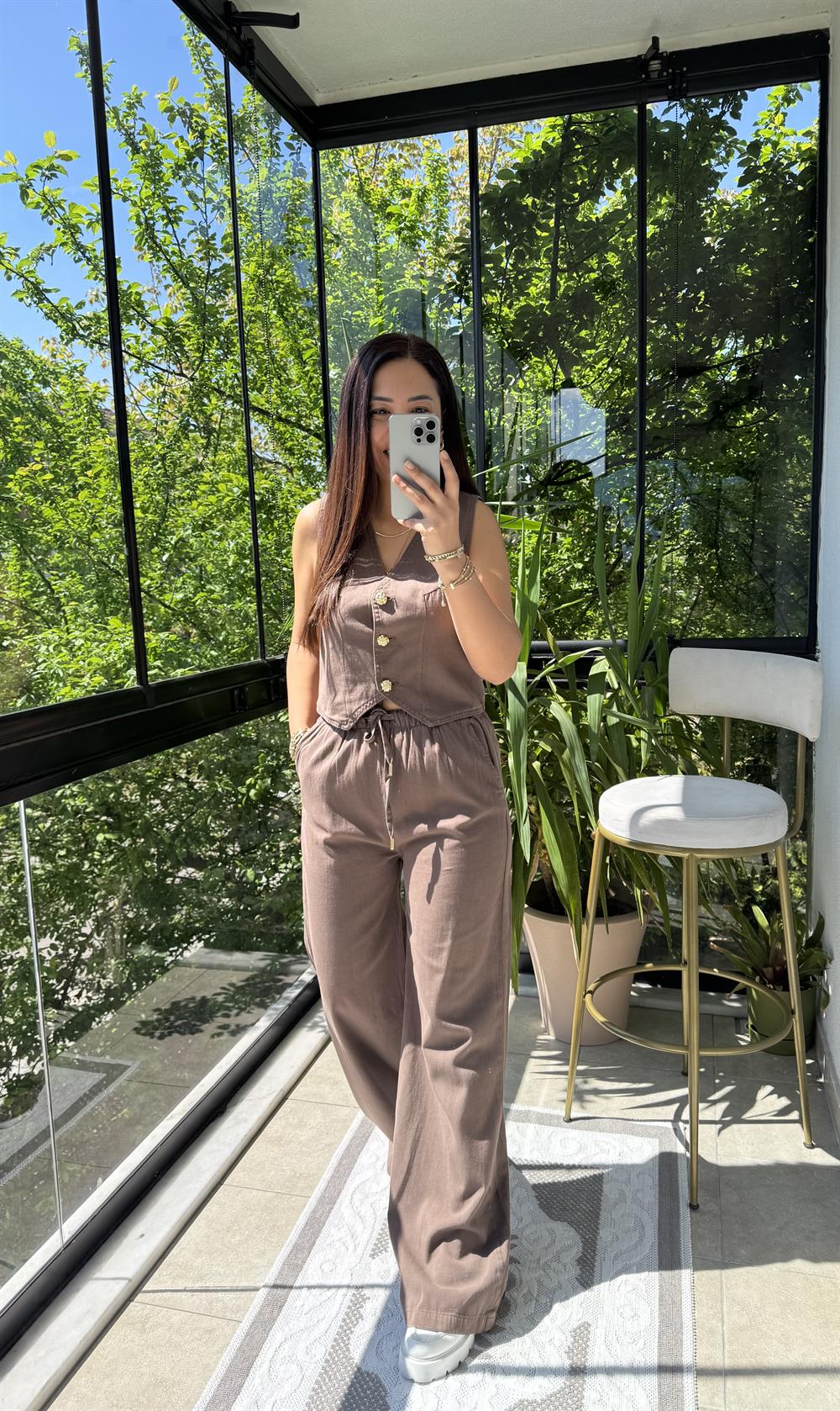 Palazzo Keten Pantolon Kahve