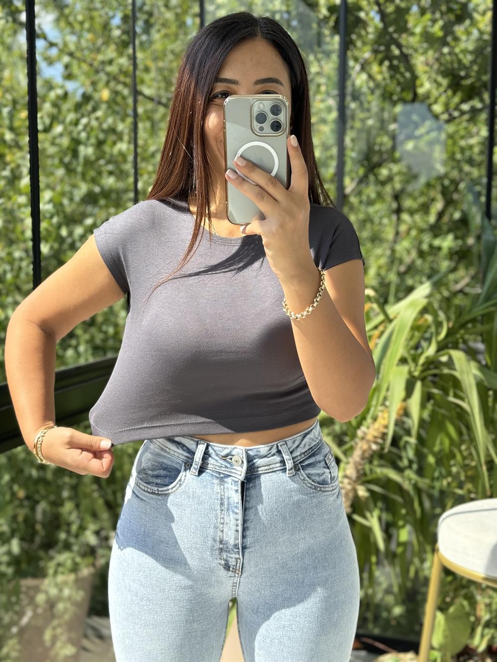 Pamuk Ve Modal Karışımı Crop Tişört Antrasit