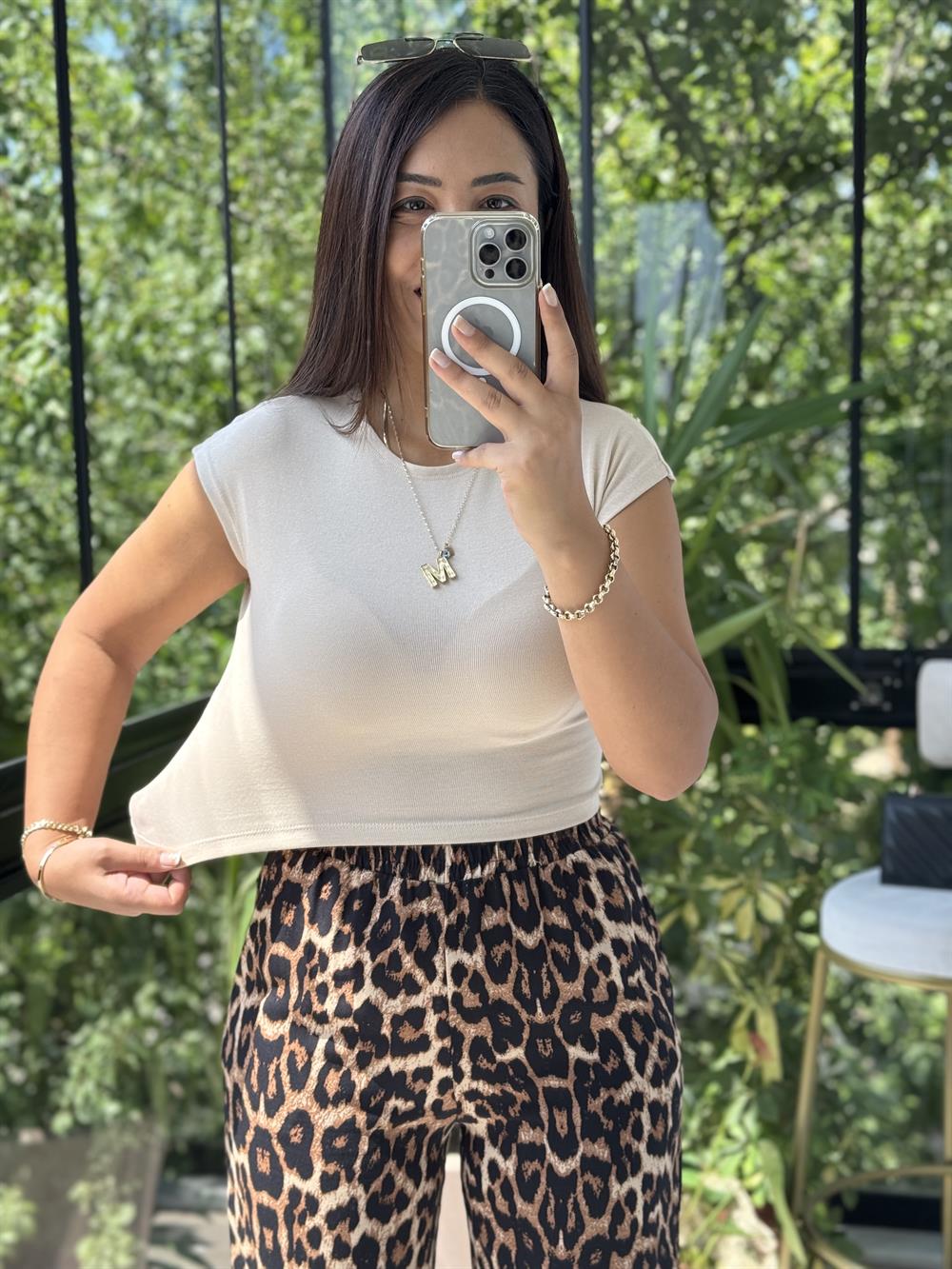 Pamuk Ve Modal Karışımı Crop Tişört Bej