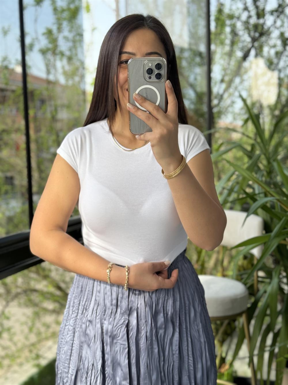 Pamuk Ve Modal Karışımı Crop Tişört Ekru