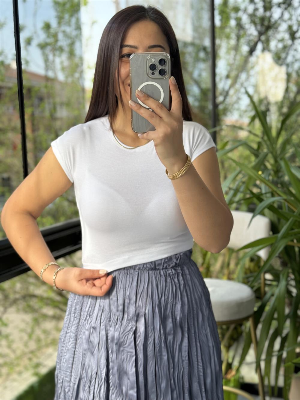 Pamuk Ve Modal Karışımı Crop Tişört Ekru