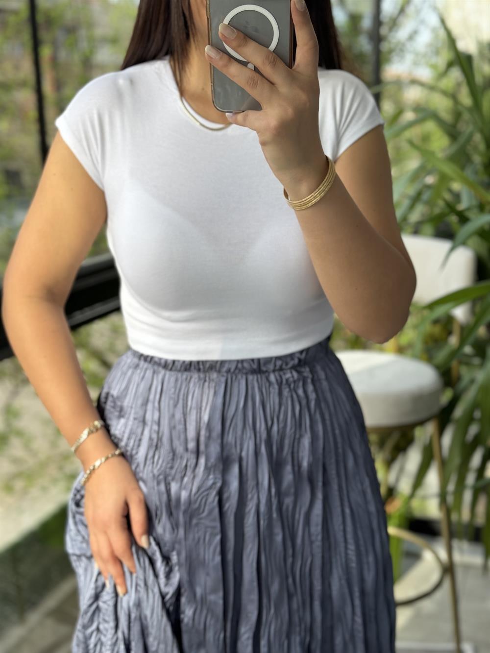 Pamuk Ve Modal Karışımı Crop Tişört Ekru