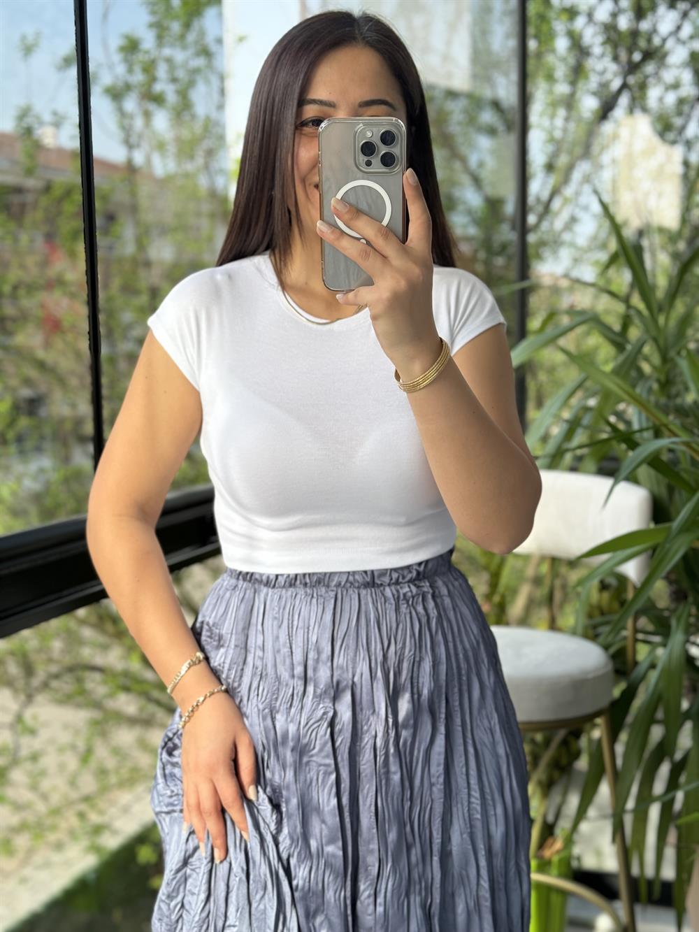 Pamuk Ve Modal Karışımı Crop Tişört Ekru