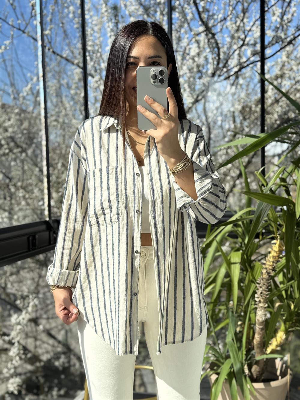 Pamuklu Çizgili Dokuma Lacivert