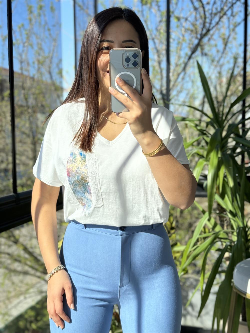 Pamuklu Tişört Cep Detaylı