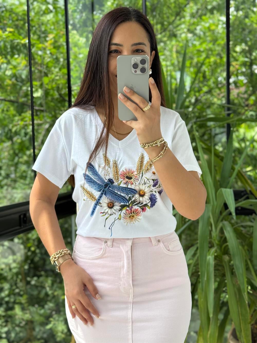 Pamuklu Tişört Çiçekli Boncuklu