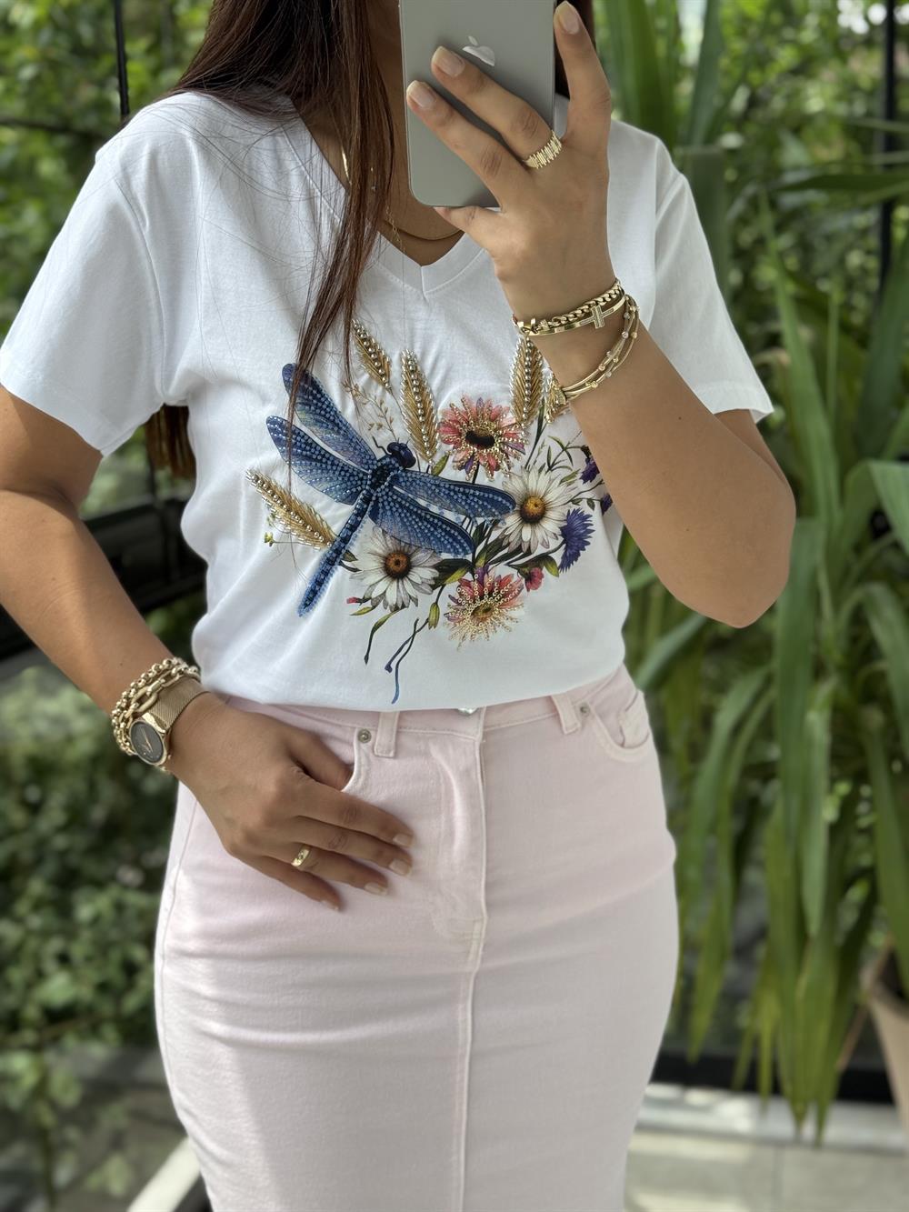 Pamuklu Tişört Çiçekli Boncuklu