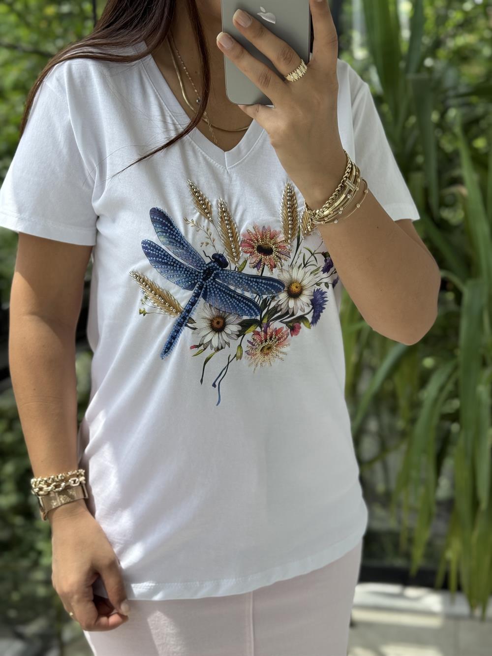 Pamuklu Tişört Çiçekli Boncuklu
