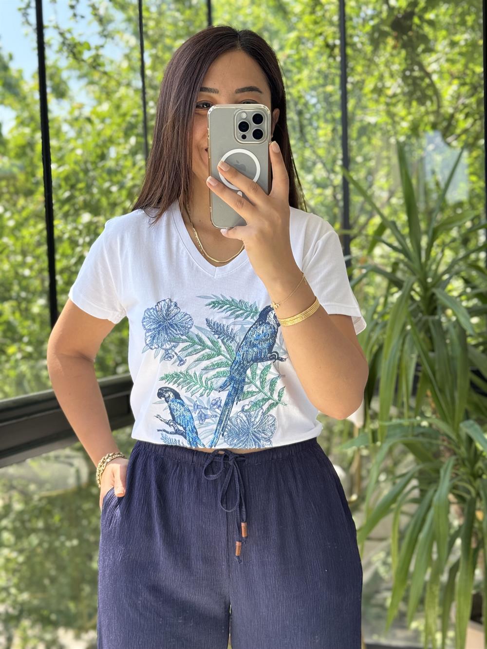 Pamuklu Tişört Çiçekli Papağanlı