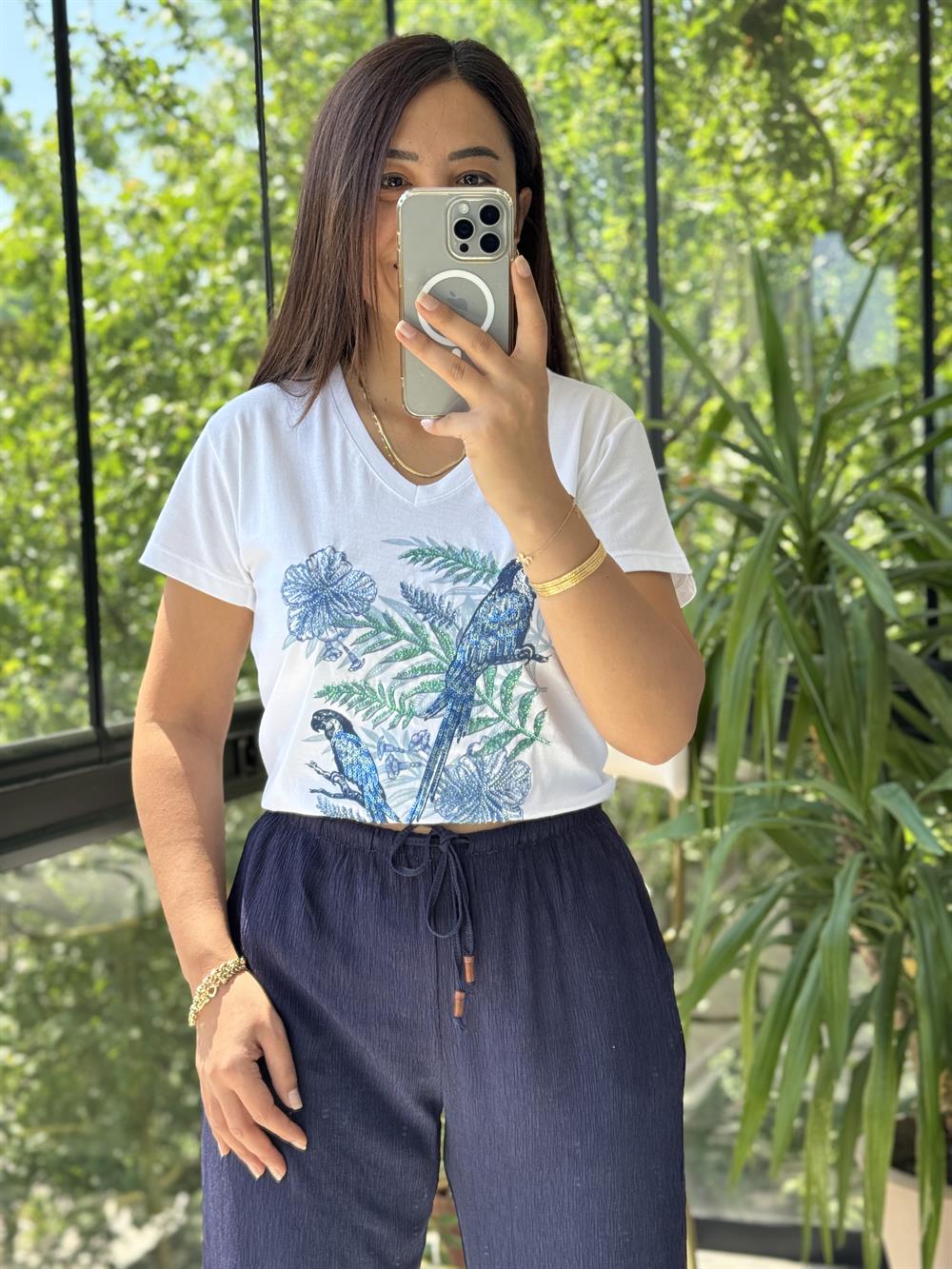 Pamuklu Tişört Çiçekli Papağanlı