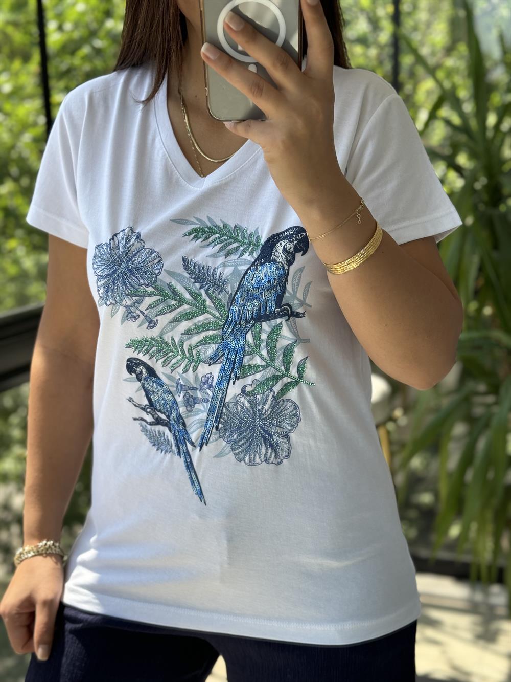 Pamuklu Tişört Çiçekli Papağanlı