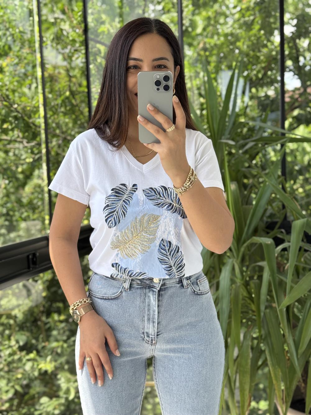 Pamuklu Tişört Gümüş Yapraklı