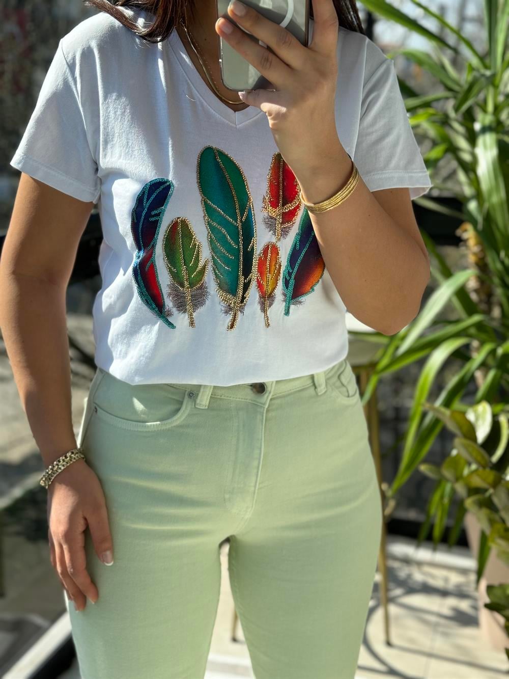 Pamuklu Tişört Kuş Tüylü