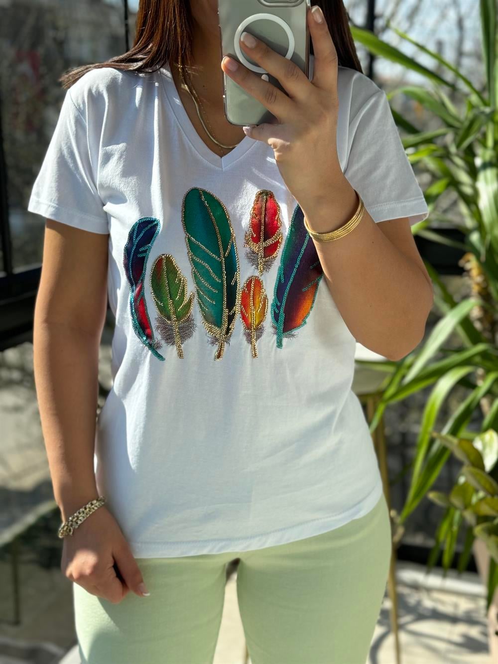 Pamuklu Tişört Kuş Tüylü