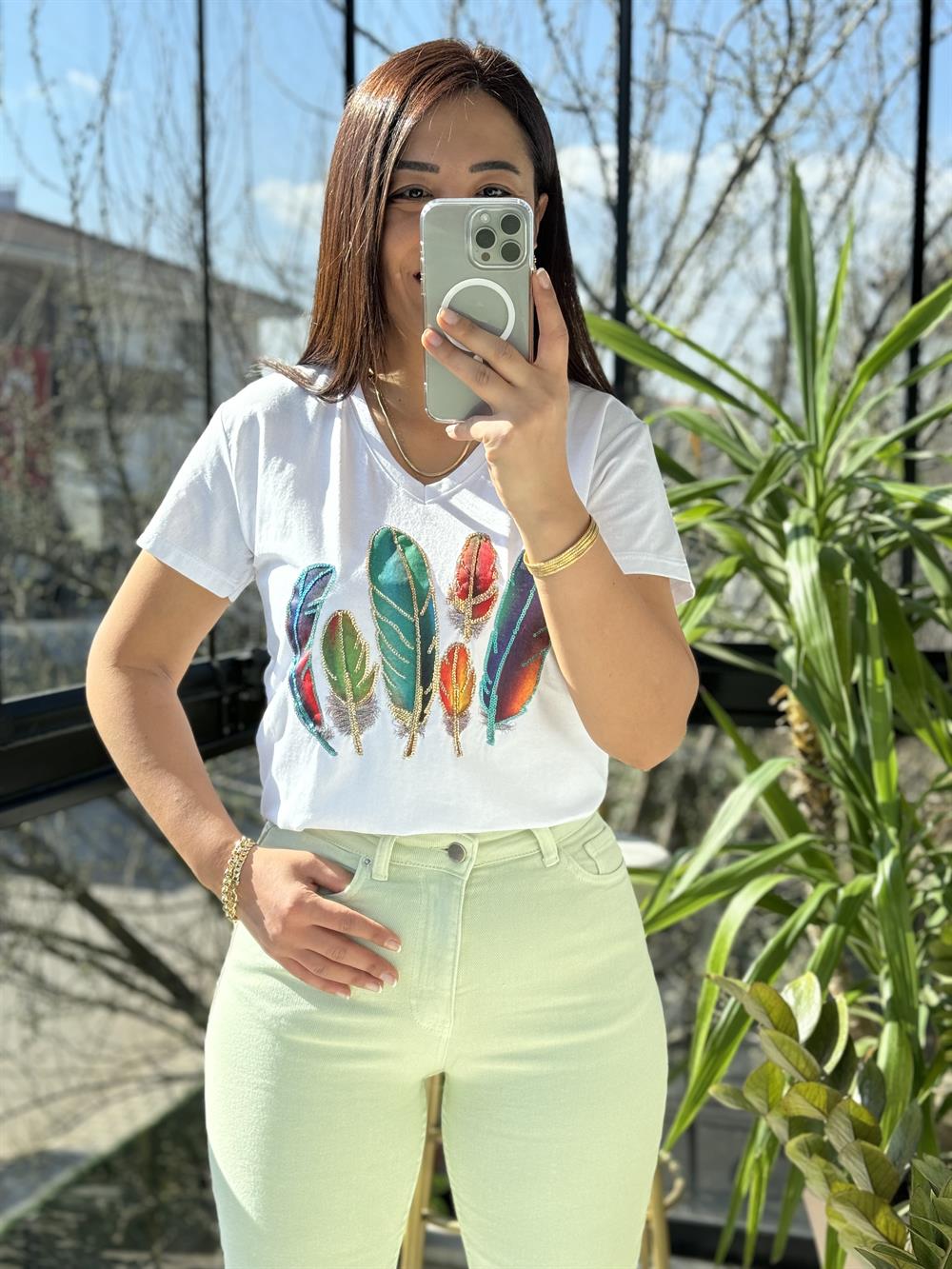 Pamuklu Tişört Kuş Tüylü