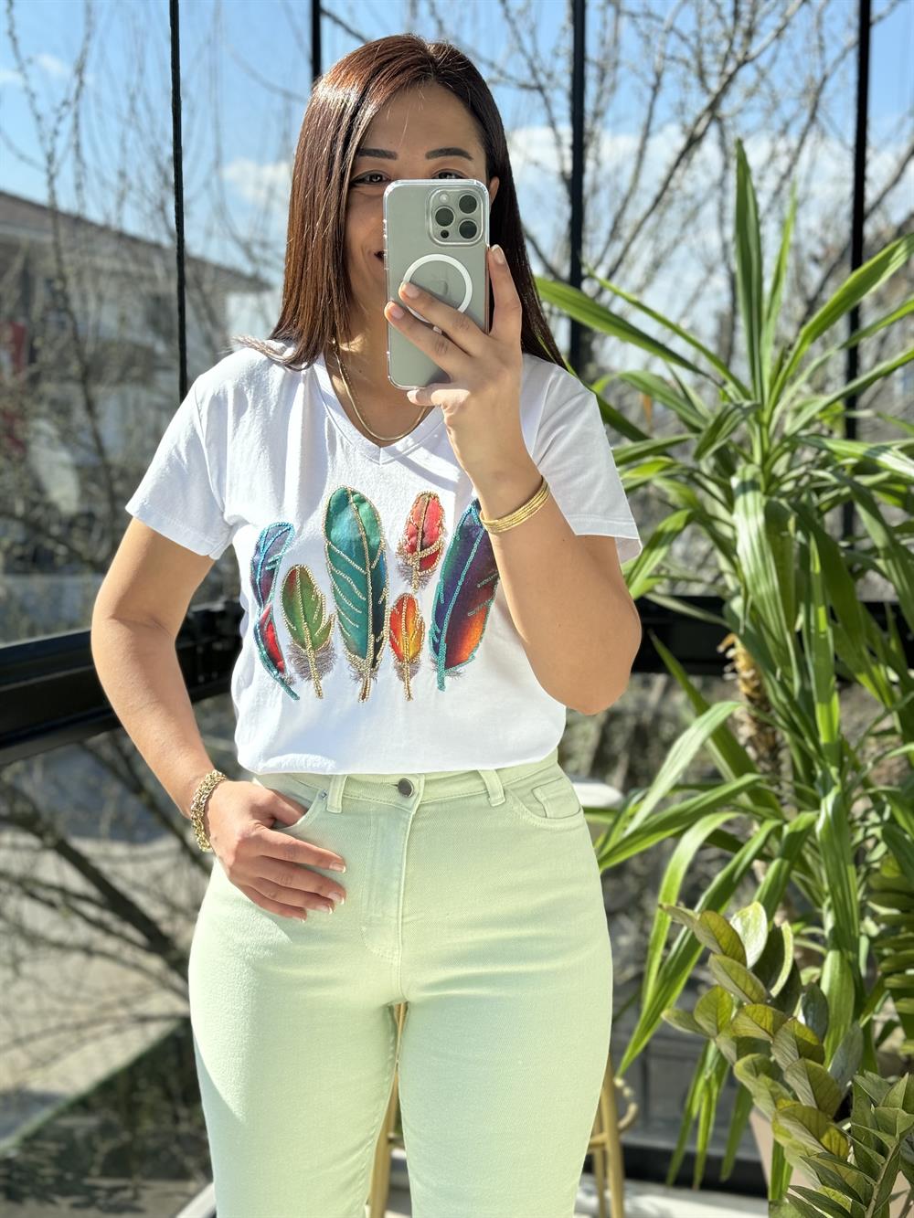 Pamuklu Tişört Kuş Tüylü