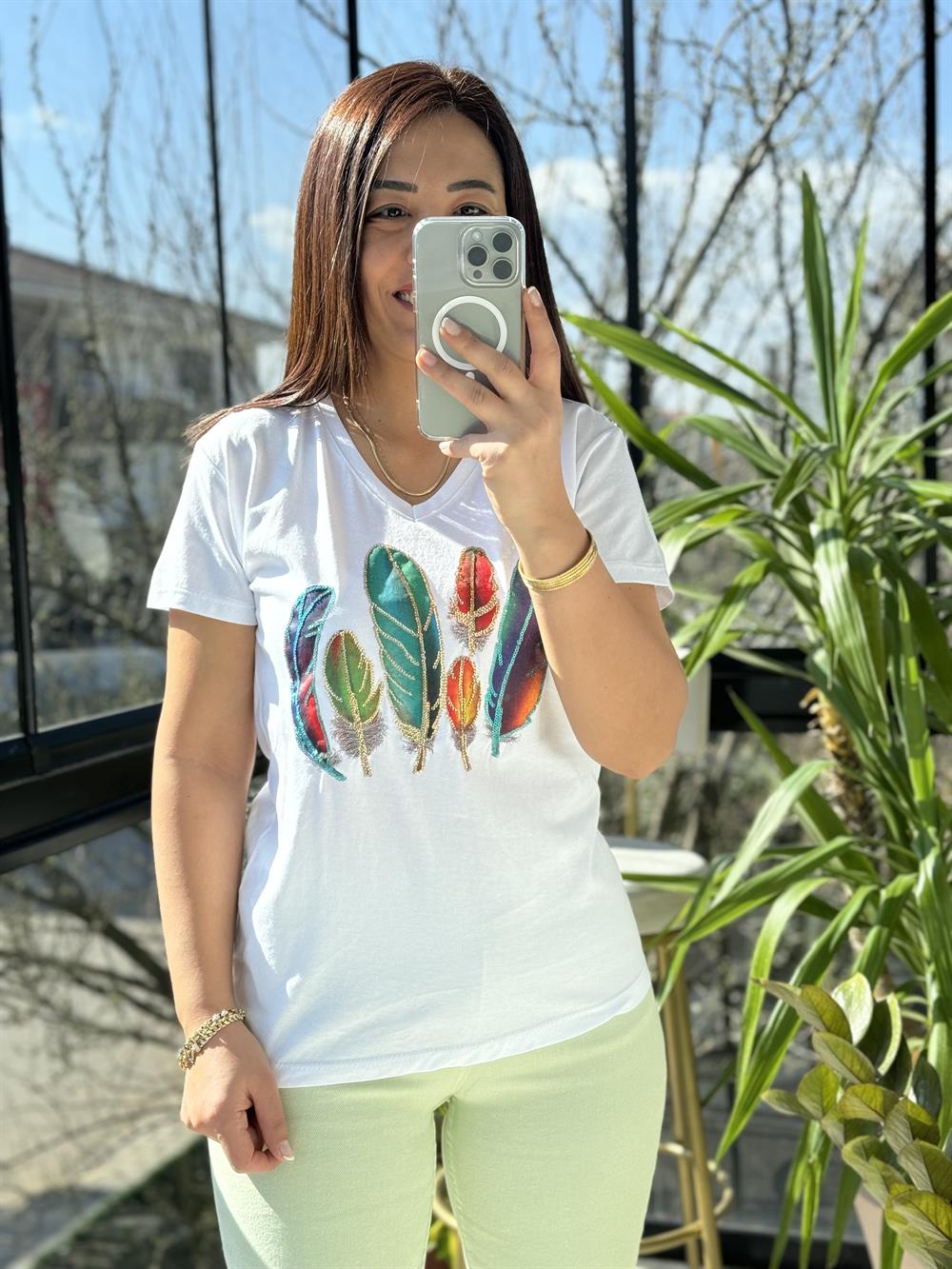 Pamuklu Tişört Kuş Tüylü