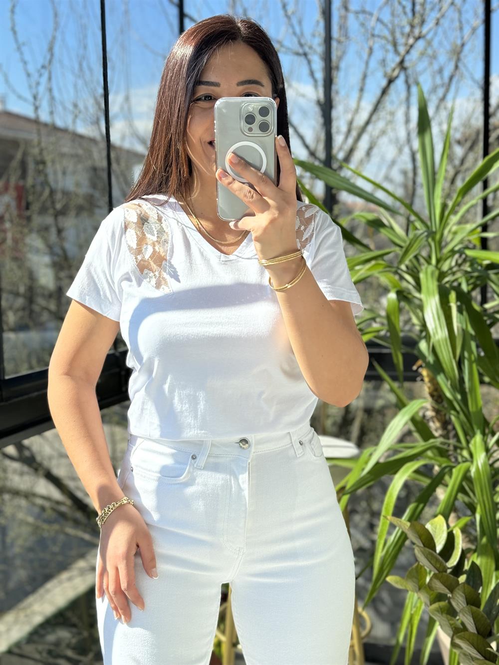 Pamuklu Tişört Omuz Transparan