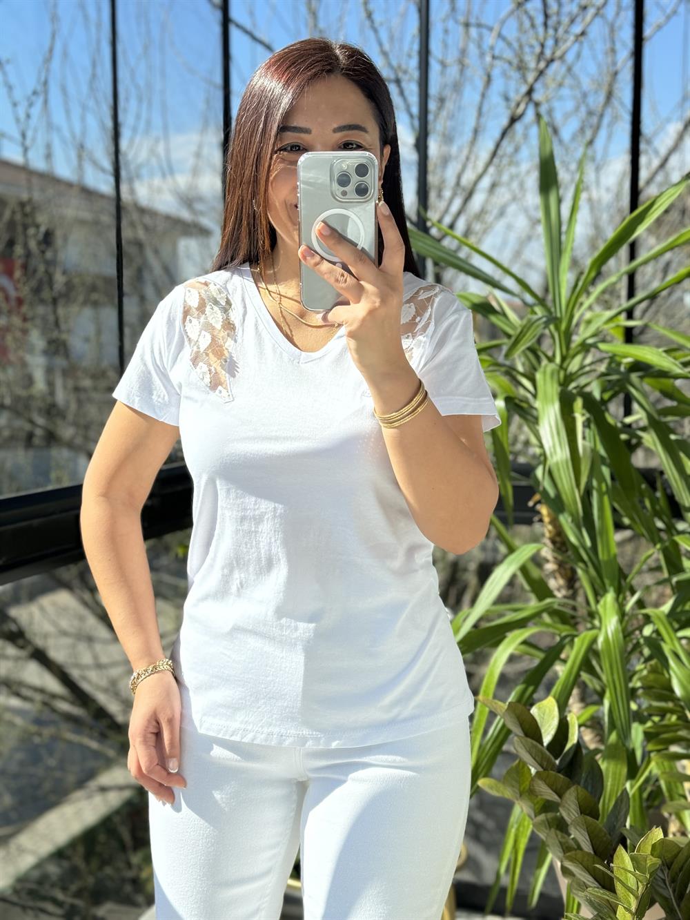 Pamuklu Tişört Omuz Transparan