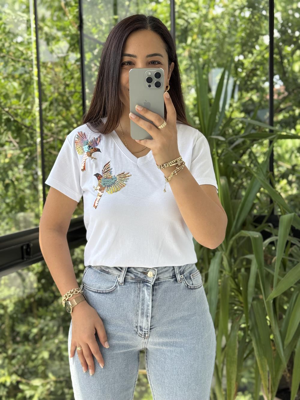 Pamuklu Tişört Omzu Kuş Detaylı