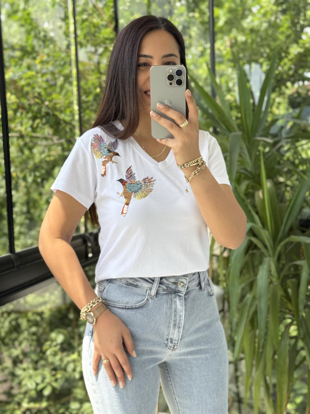 Pamuklu Tişört Omzu Kuş Detaylı