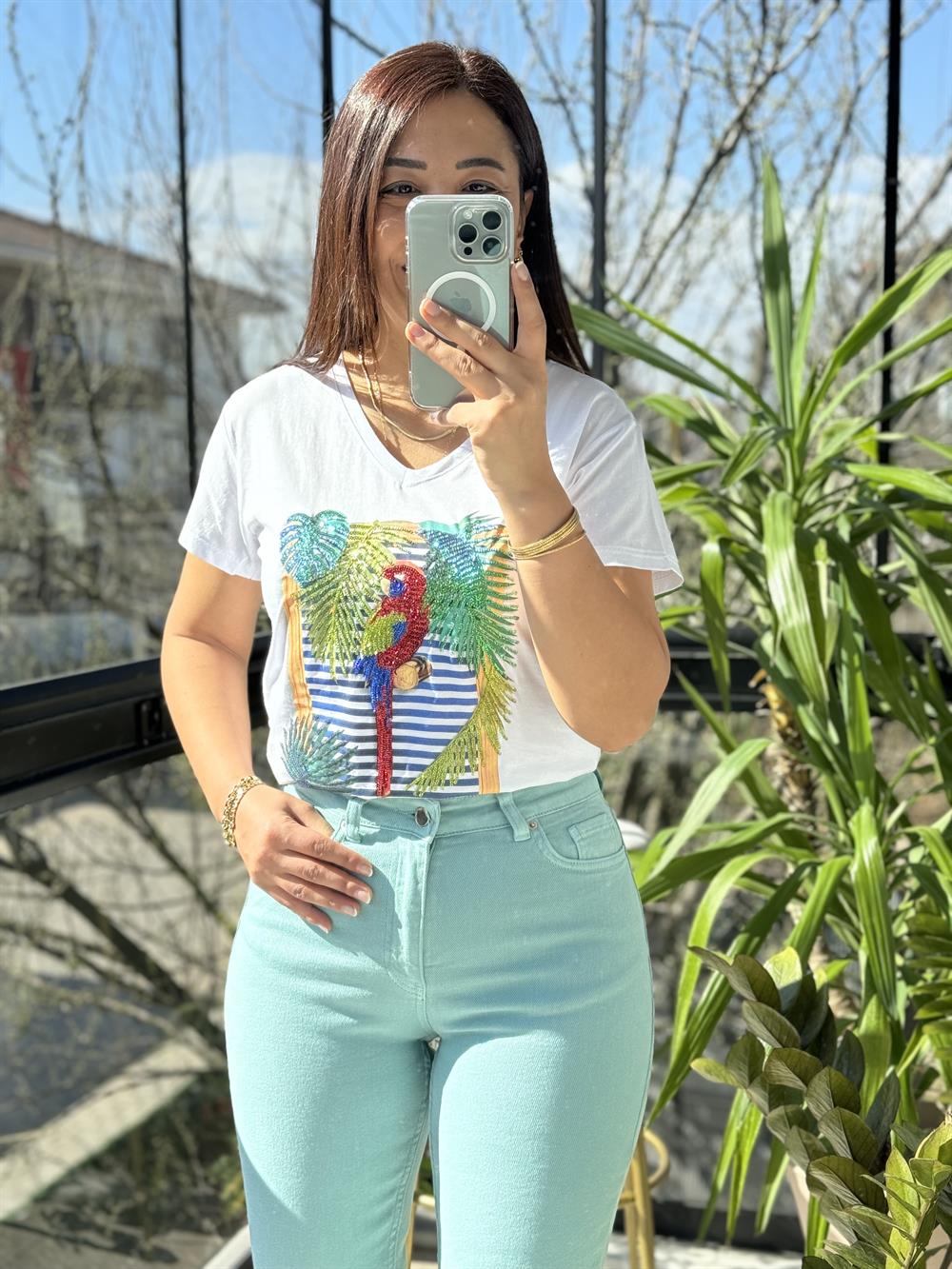 Pamuklu Tişört Papağanlı