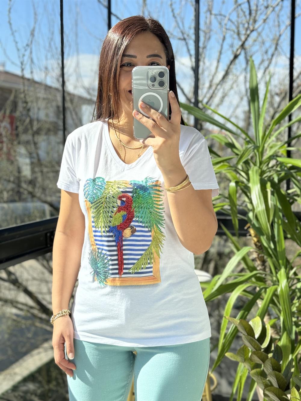 Pamuklu Tişört Papağanlı