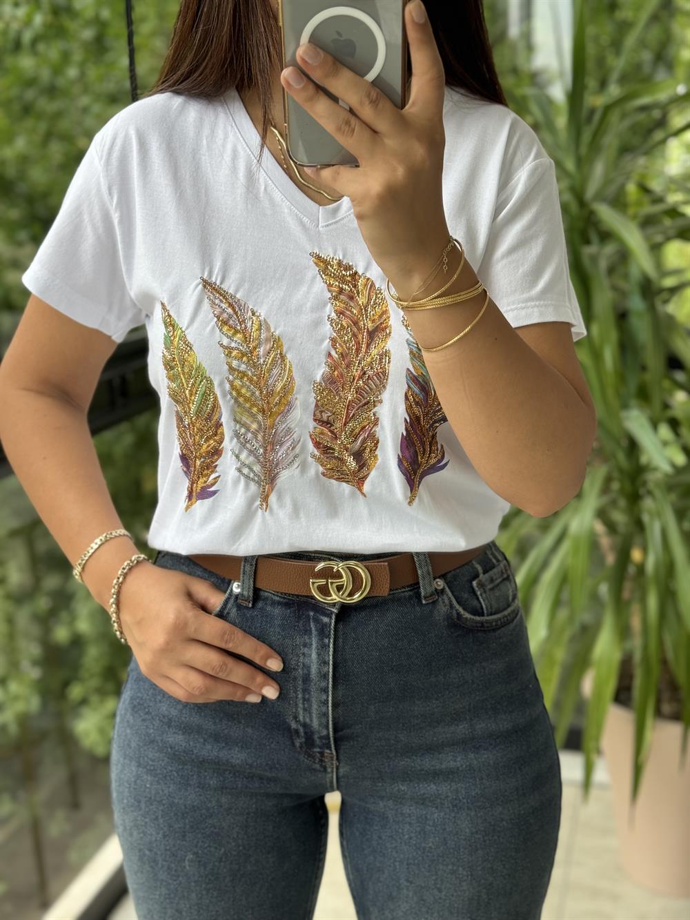 Pamuklu Tişört Renkli Tüylü