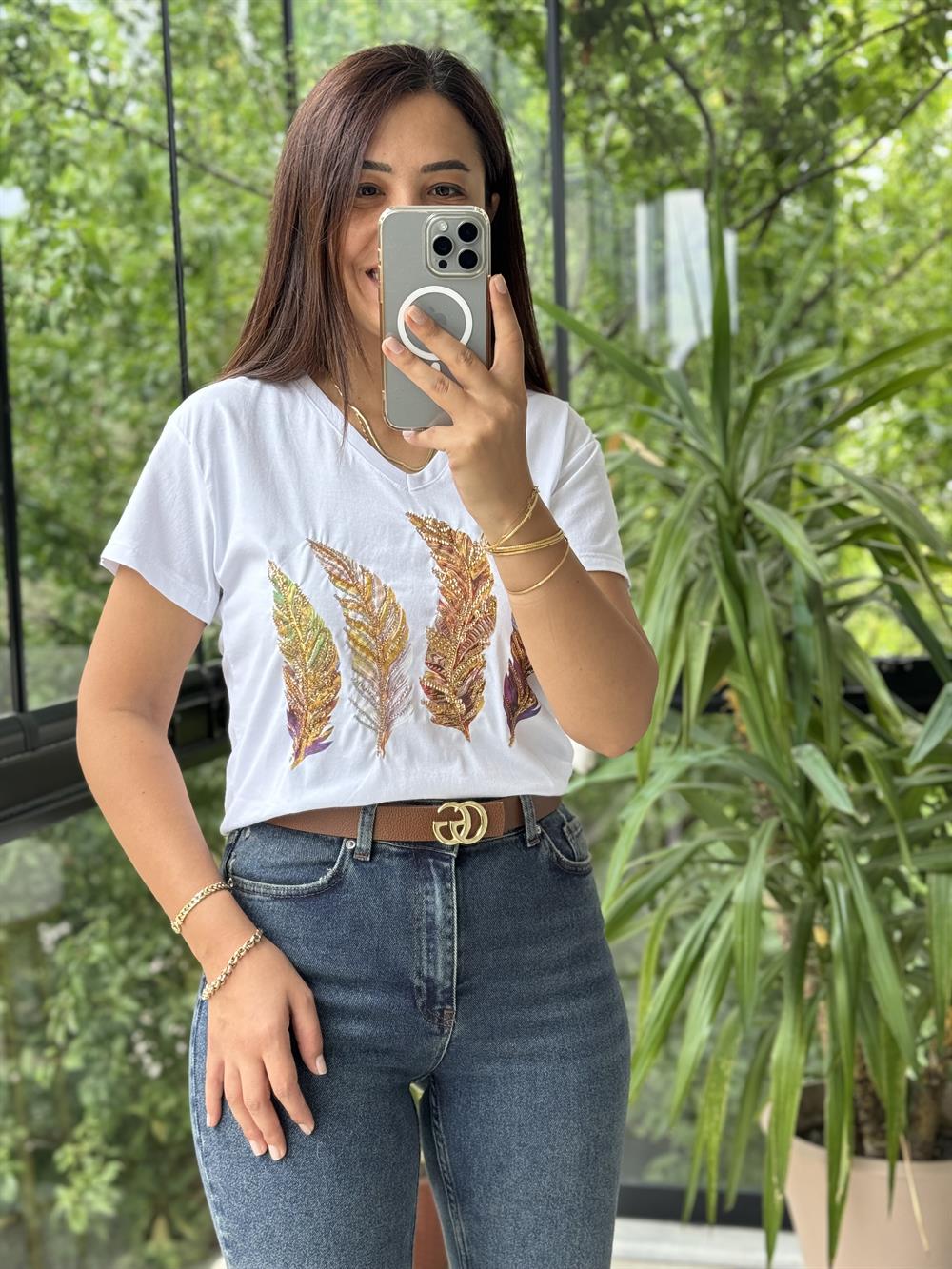 Pamuklu Tişört Renkli Tüylü