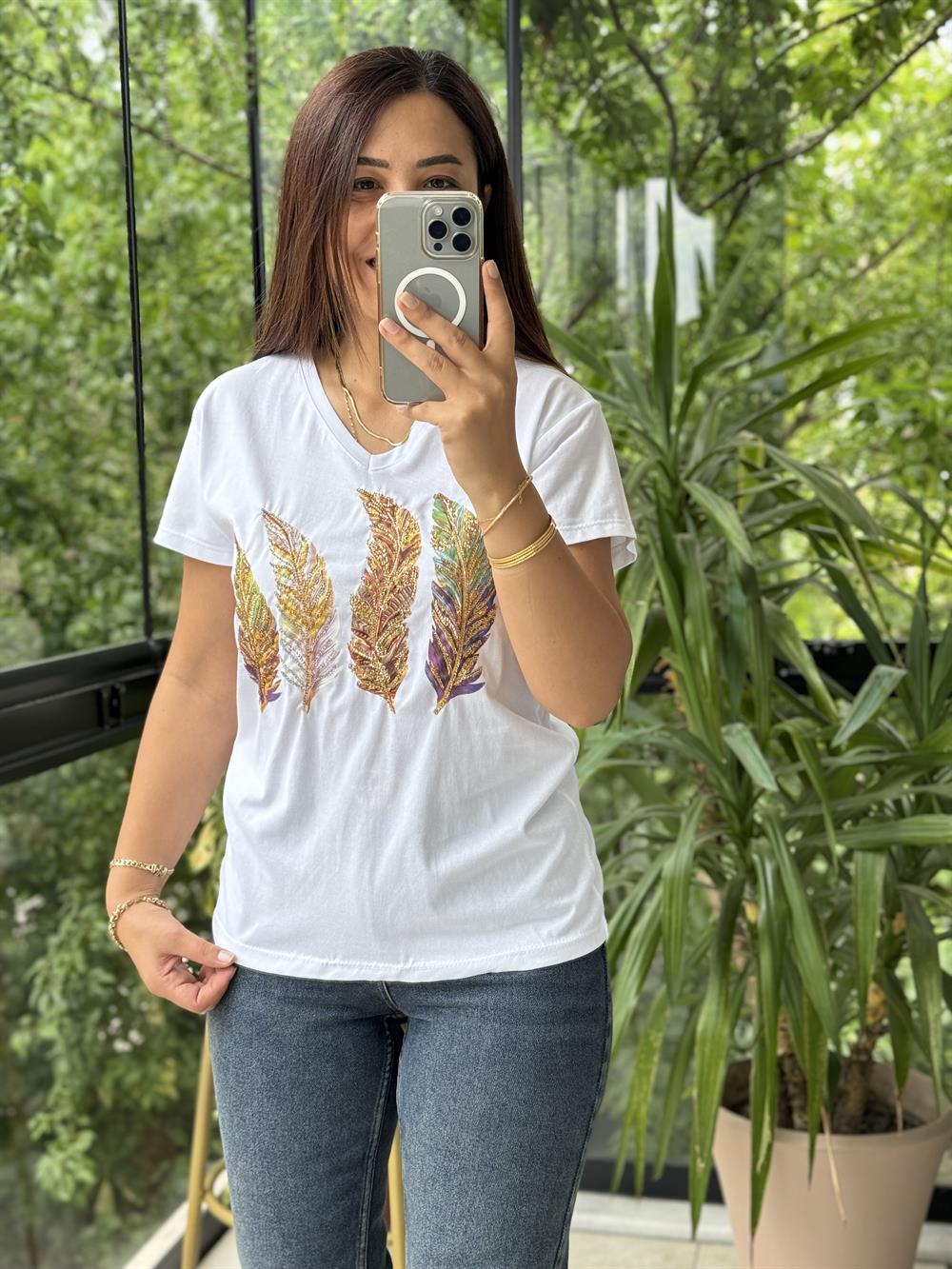 Pamuklu Tişört Renkli Tüylü