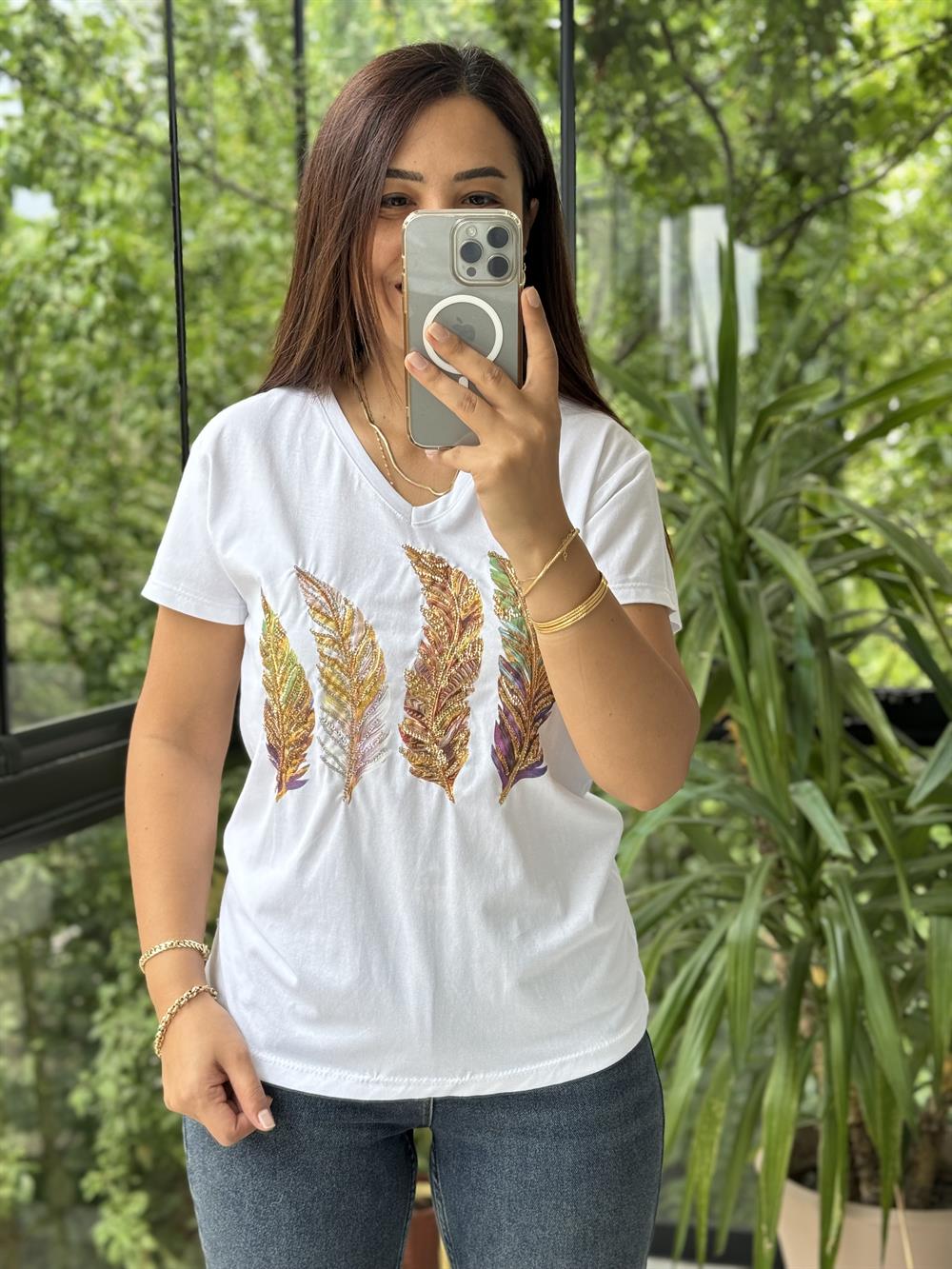 Pamuklu Tişört Renkli Tüylü