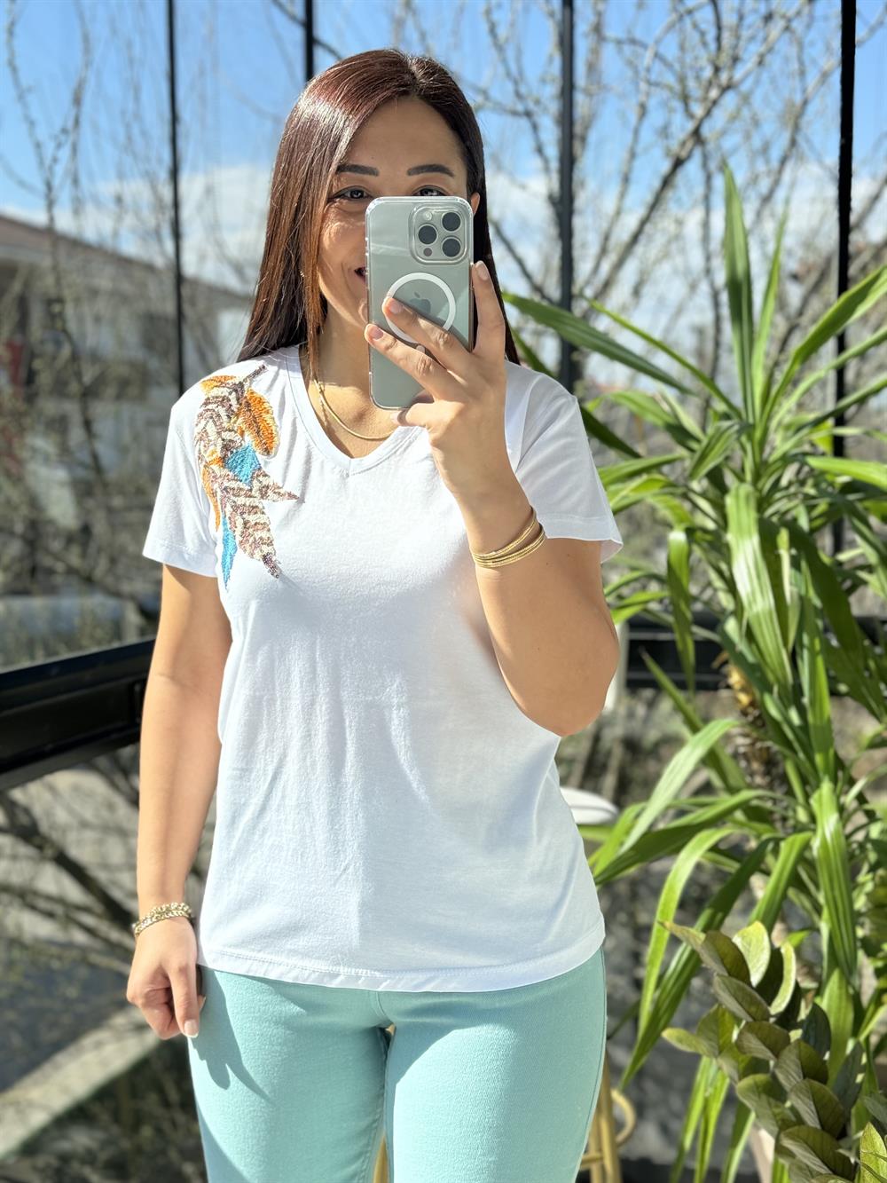 Pamuklu Tişört Tek Omuz Yapraklı