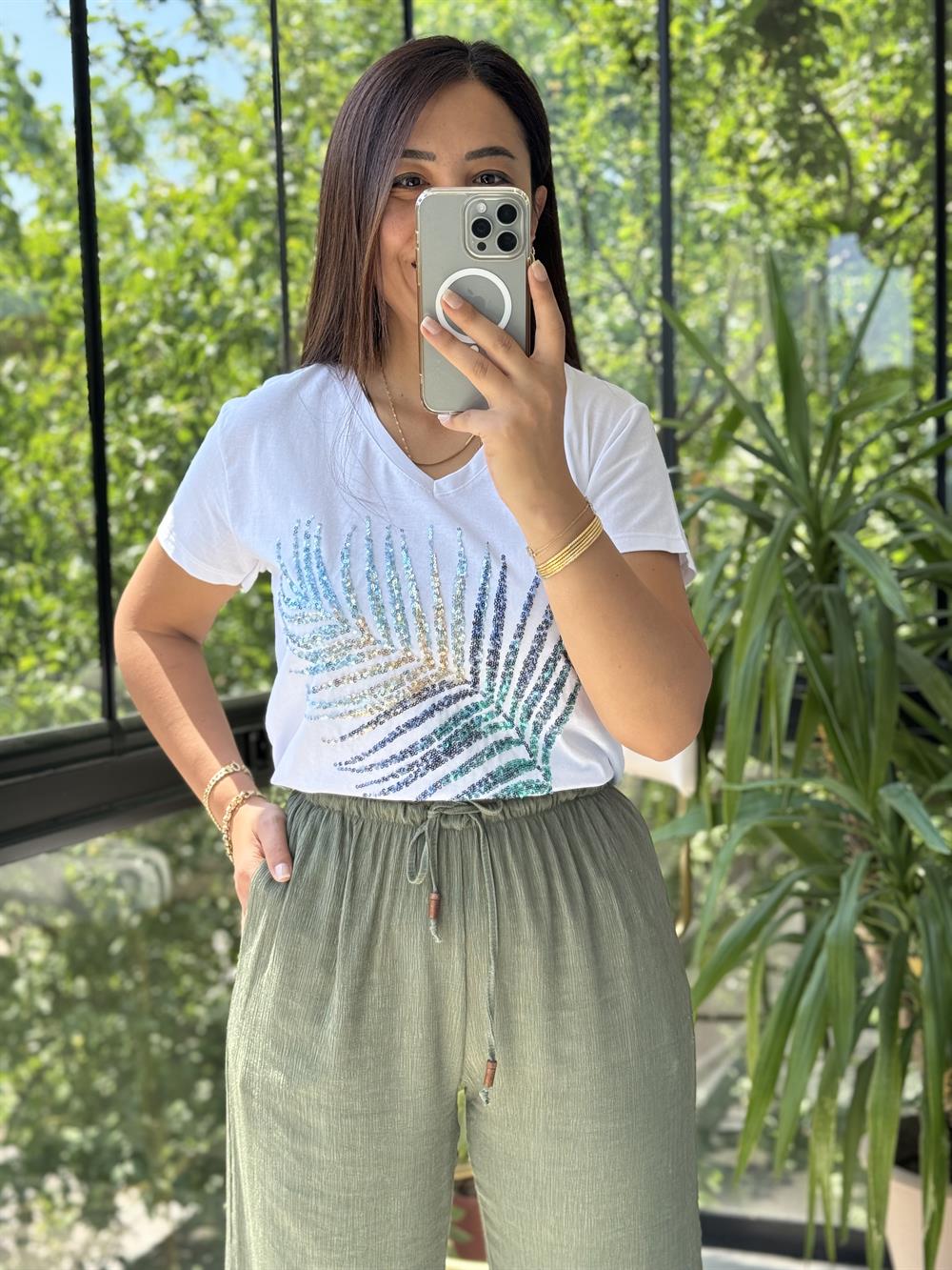 Pamuklu Tişört Yaprak Payetli