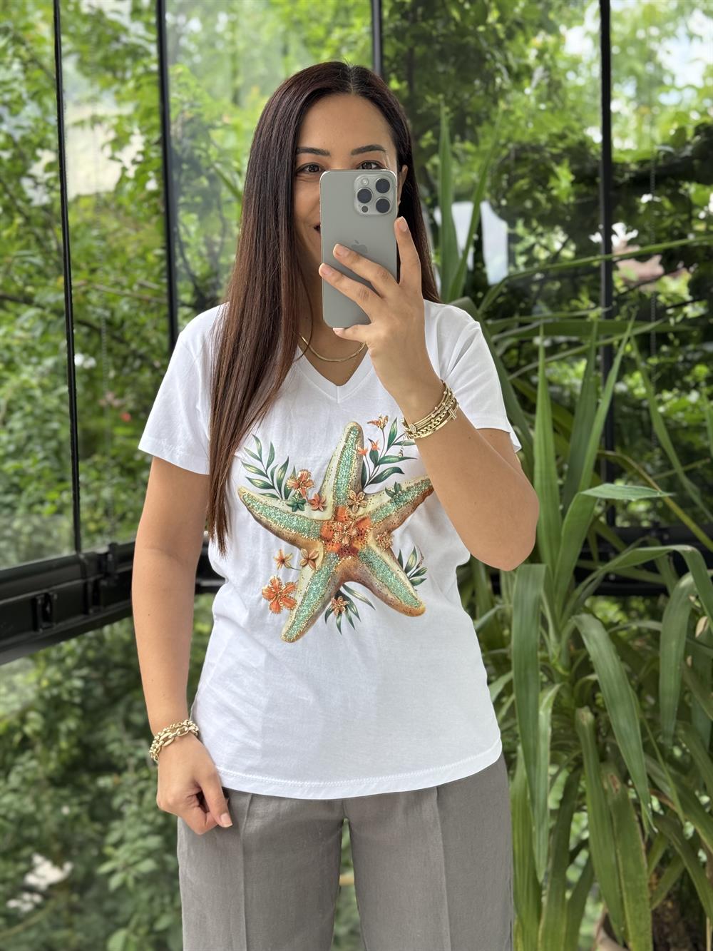 Pamuklu Tişört Yapraklı Yıldızlı