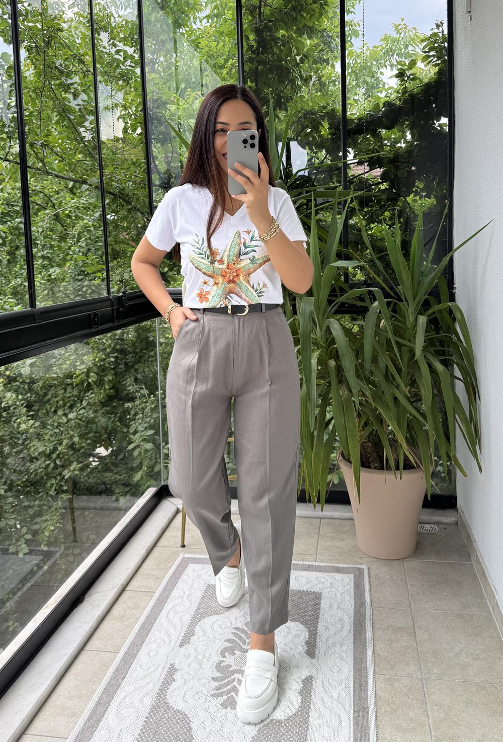 Pamuklu Tişört Yapraklı Yıldızlı