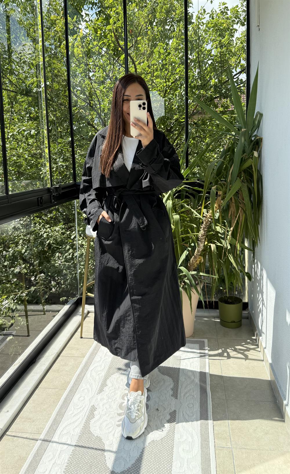 Paraşüt Kumaş Oversize Trenç Siyah