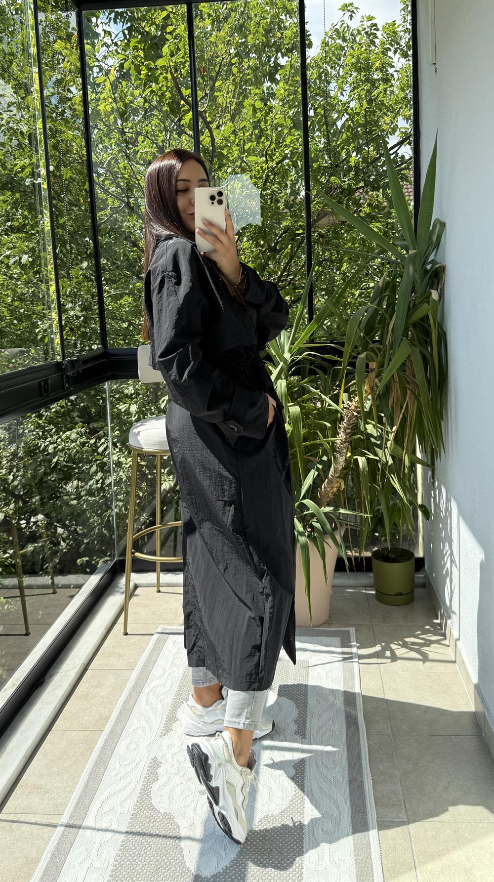 Paraşüt Kumaş Oversize Trenç Siyah