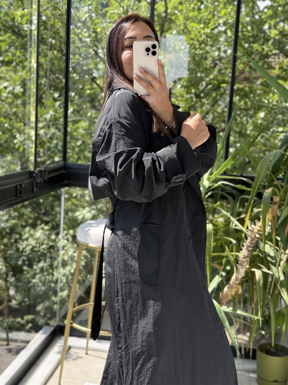 Paraşüt Kumaş Oversize Trenç Siyah