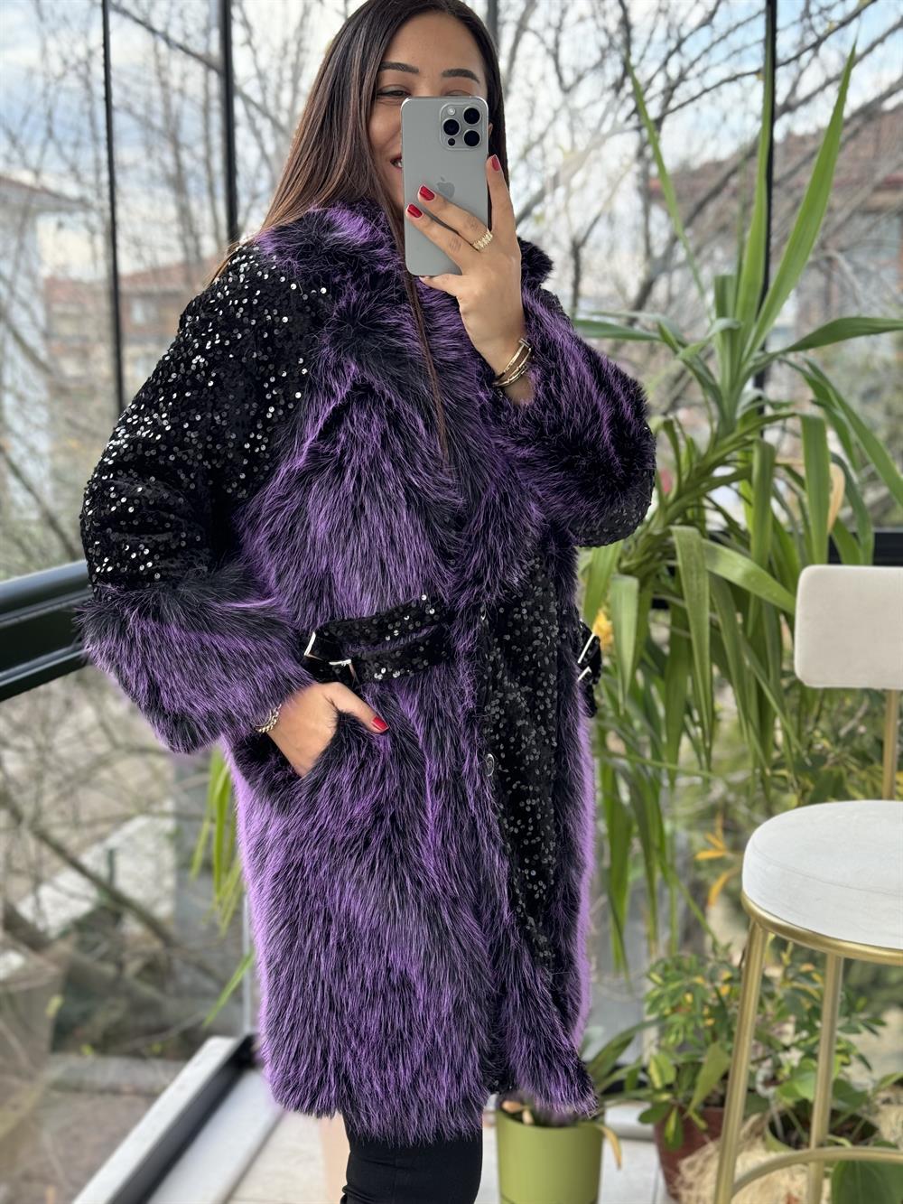 Payetli Kemer Detaylı Kürk Mont Mor