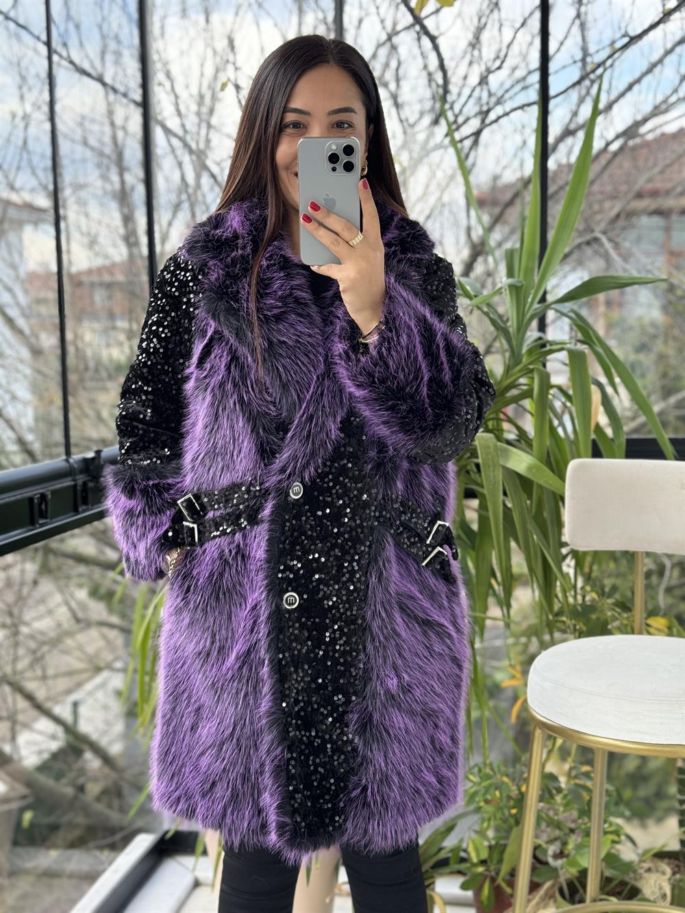 Payetli Kemer Detaylı Kürk Mont Mor
